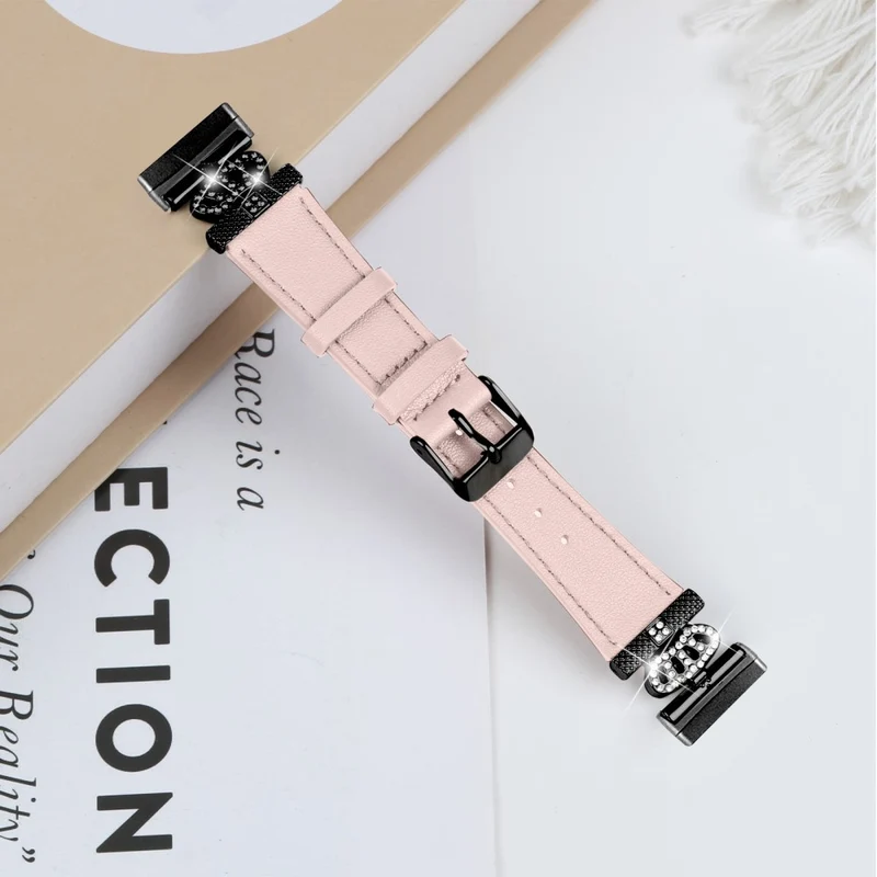 Fitbit Versa 4 / Sense 2 Genuine Cow Leather Crown Rhinestone Decor Watch Strap - Apricot