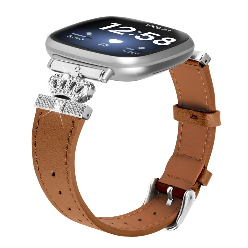 Fitbit Versa 4 / Sense 2 Genuine Cow Leather Crown Rhinestone Watch Strap