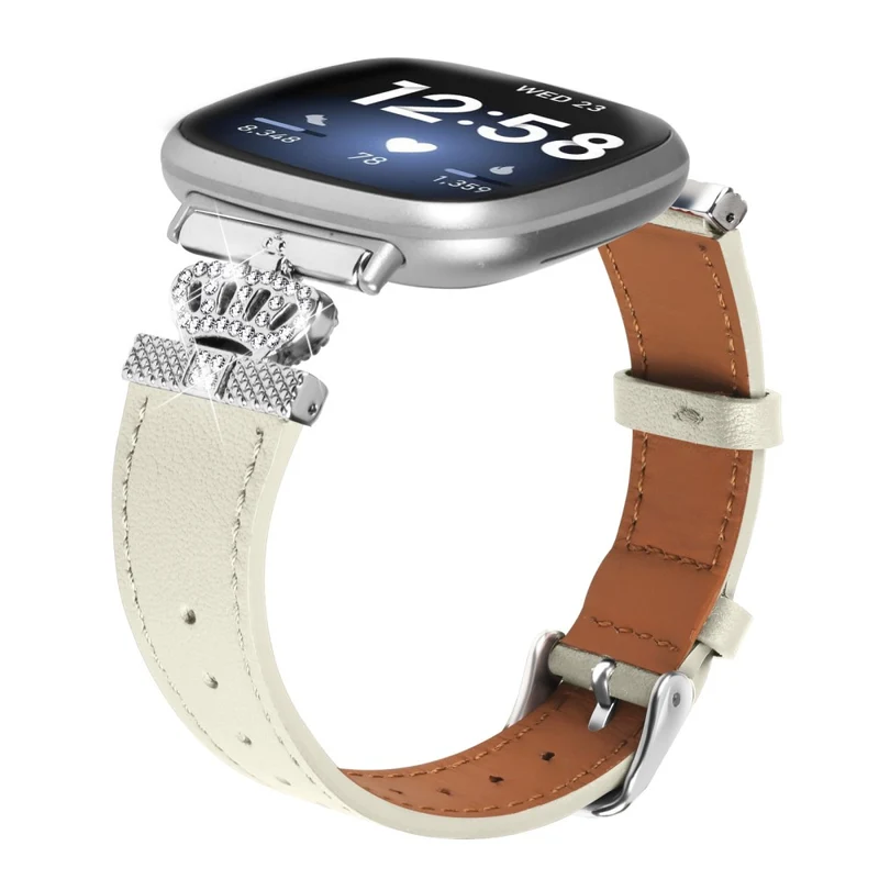 Fitbit Versa 4 / Sense 2 Genuine Cow Leather Crown Rhinestone Watch Strap