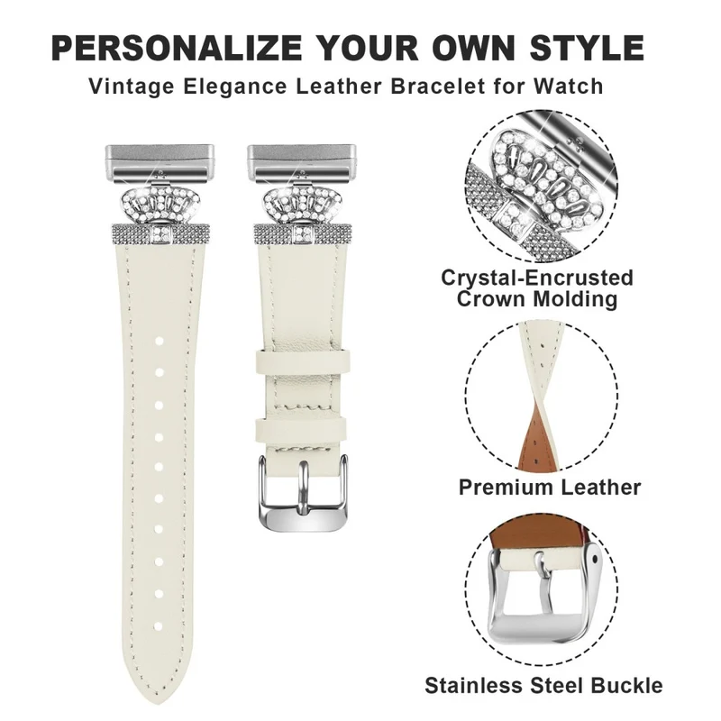 Fitbit Versa 4 / Sense 2 Genuine Cow Leather Crown Rhinestone Watch Strap