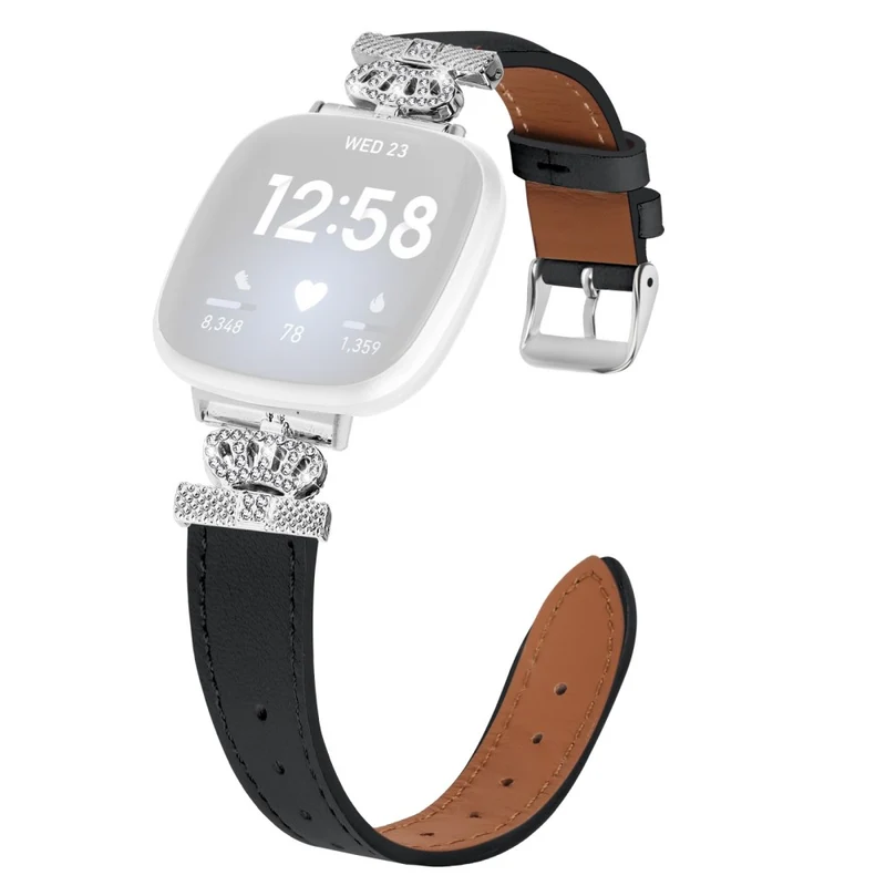 Fitbit Versa 4 / Sense 2 Genuine Cow Leather Crown Rhinestone Watch Strap