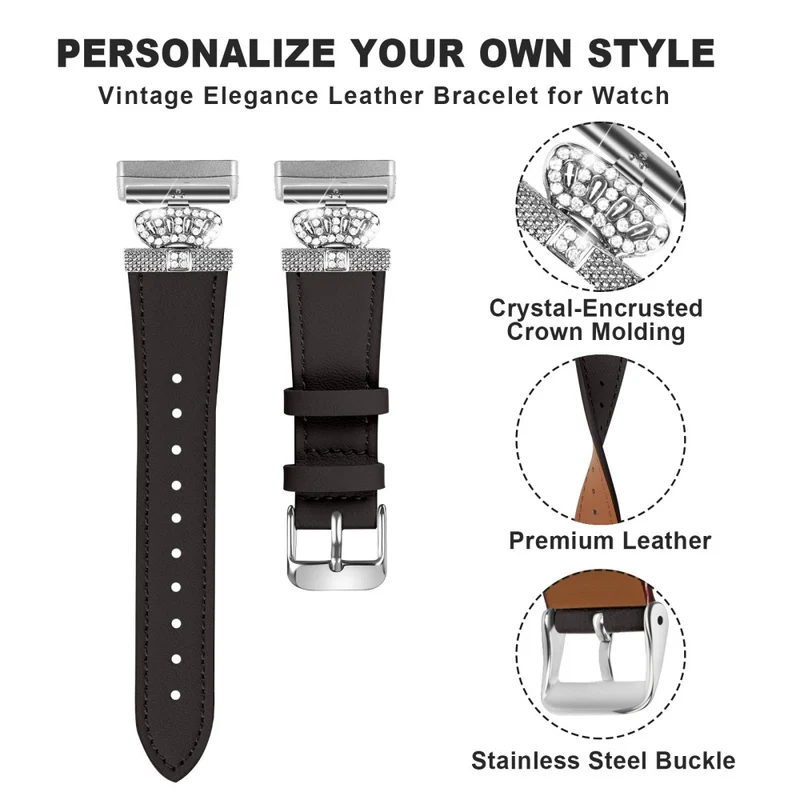 Fitbit Versa 4 / Sense 2 Genuine Cow Leather Crown Rhinestone Watch Strap