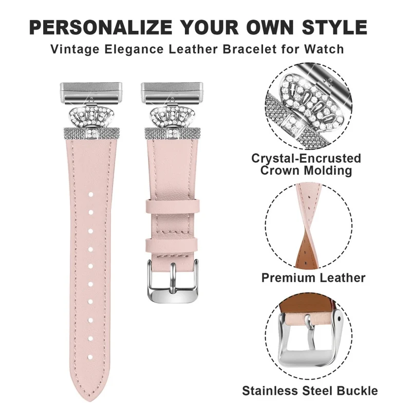 Fitbit Versa 4 / Sense 2 Genuine Cow Leather Crown Rhinestone Watch Strap