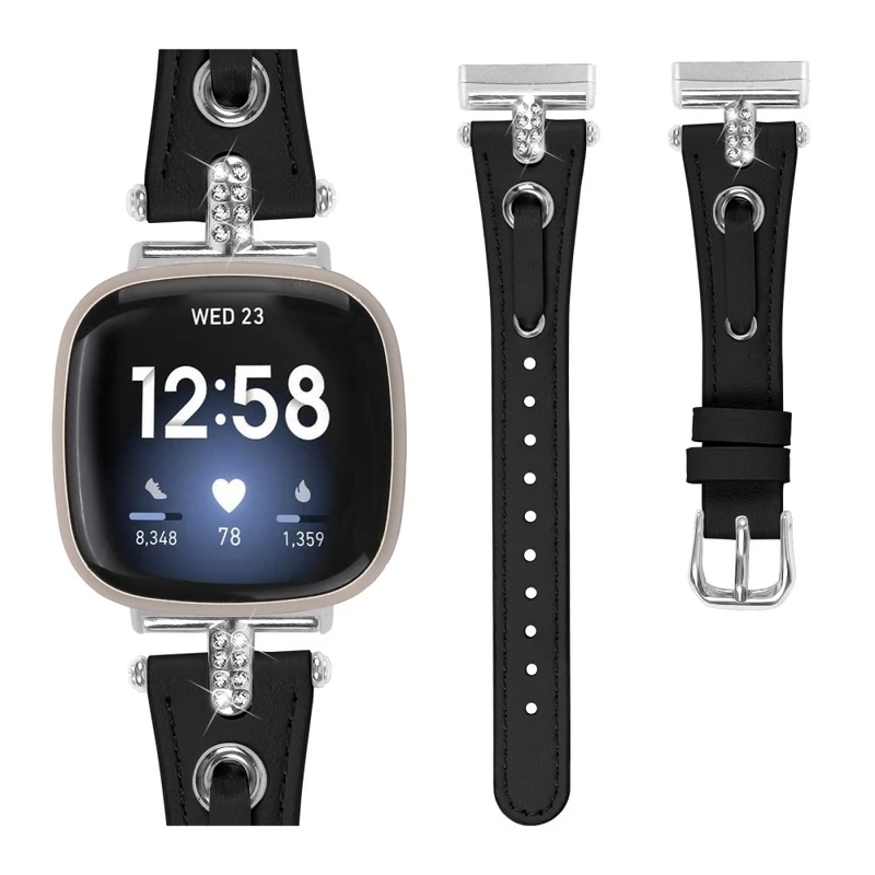 Fitbit Versa 4 / Sense 2 Genuine Cow Leather Strap Rhinestone Watch Wrist Band