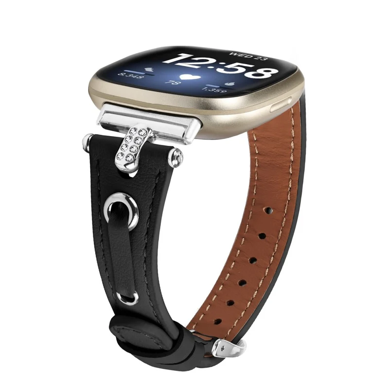 Fitbit Versa 4 / Sense 2 Genuine Cow Leather Strap Rhinestone Watch Wrist Band