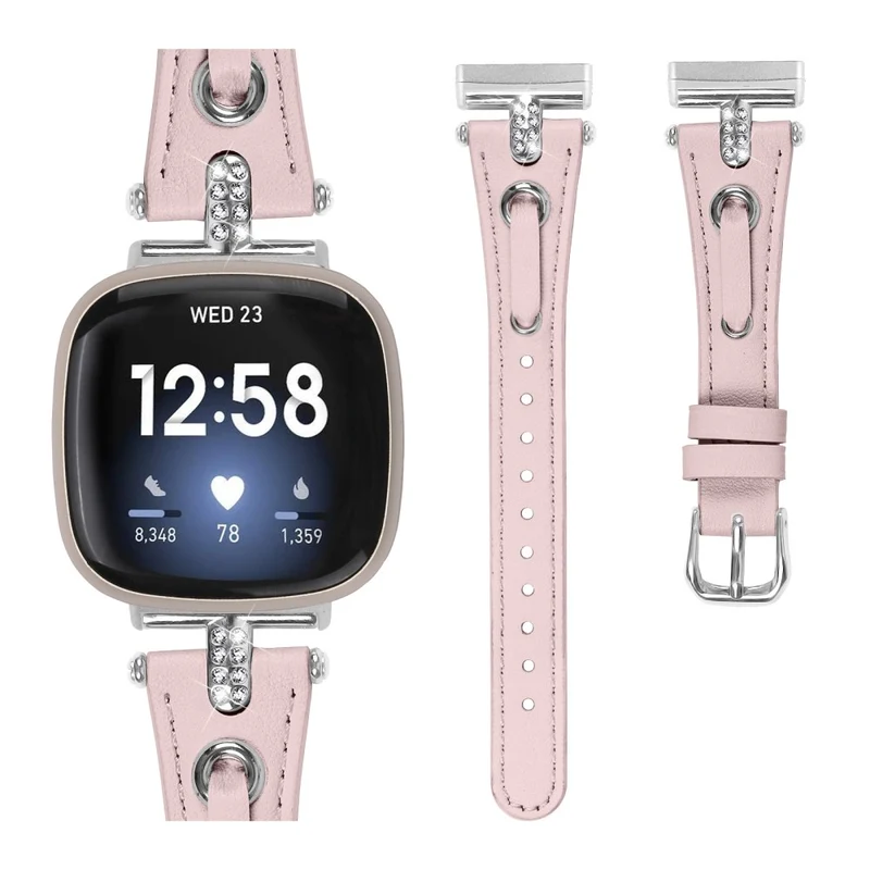 Fitbit Versa 4 / Sense 2 Genuine Cow Leather Strap Rhinestone Watch Wrist Band