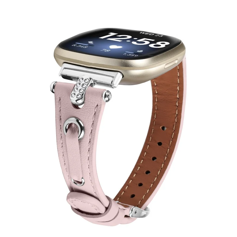 Fitbit Versa 4 / Sense 2 Genuine Cow Leather Strap Rhinestone Watch Wrist Band