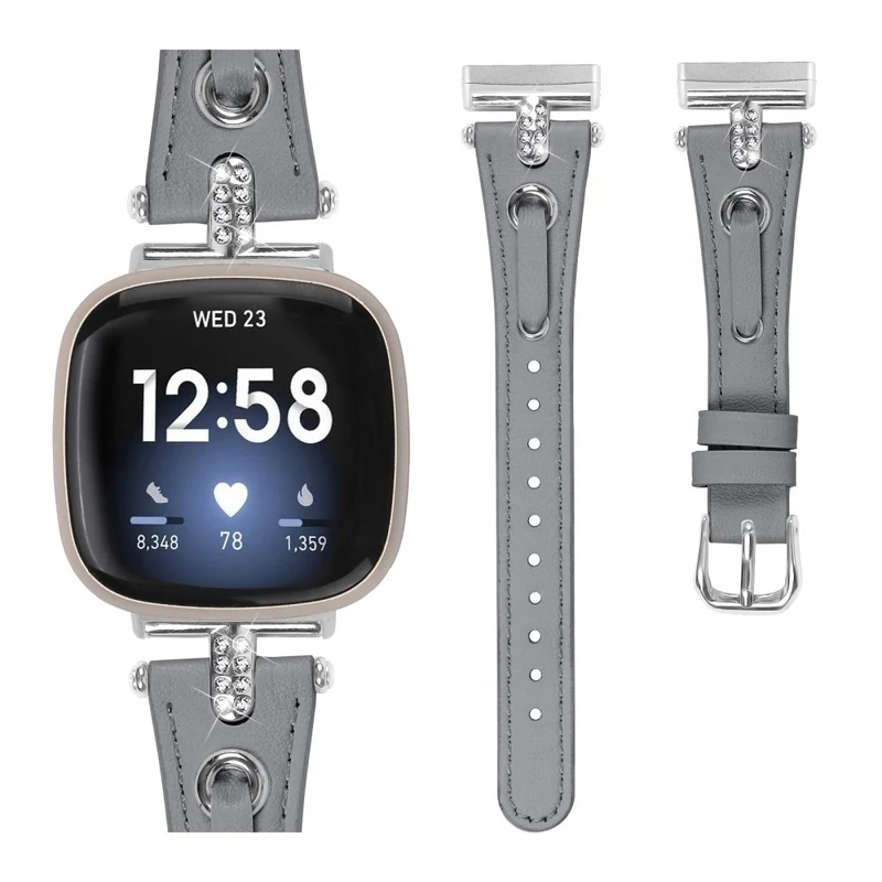 Fitbit Versa 4 / Sense 2 Genuine Cow Leather Strap Rhinestone Watch Wrist Band