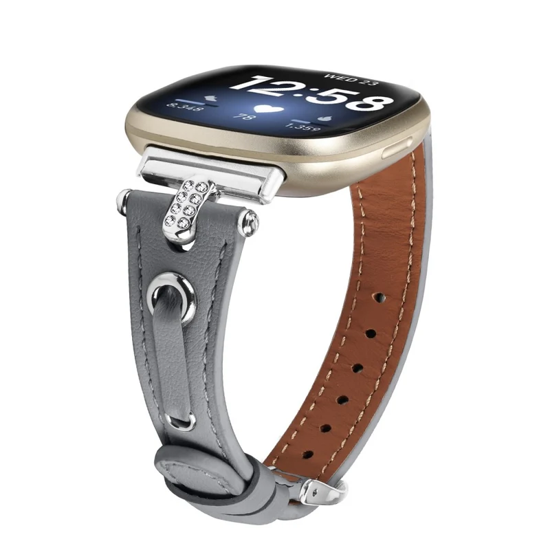 Fitbit Versa 4 / Sense 2 Genuine Cow Leather Strap Rhinestone Watch Wrist Band