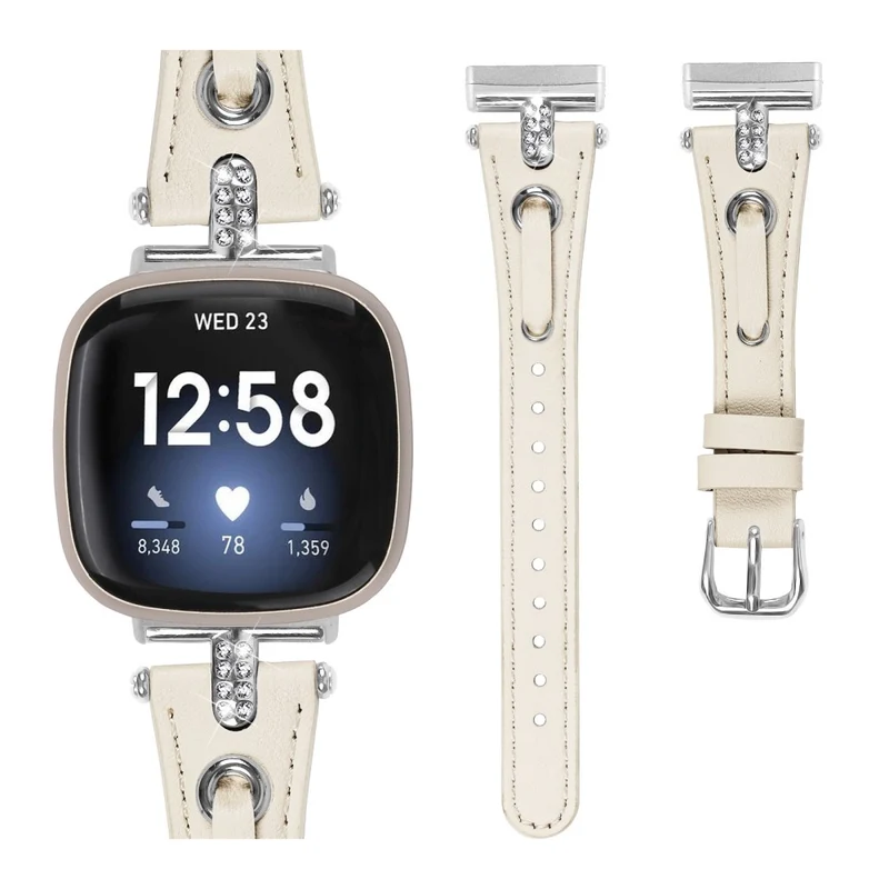 Fitbit Versa 4 / Sense 2 Genuine Cow Leather Strap Rhinestone Watch Wrist Band