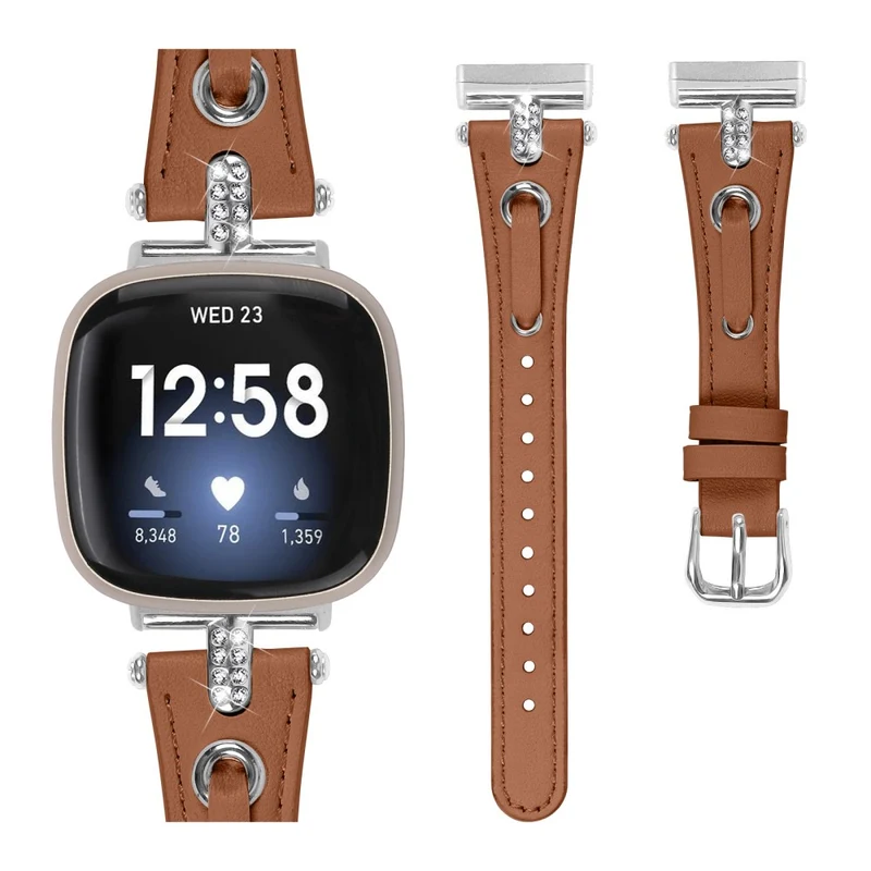 Fitbit Versa 4 / Sense 2 Genuine Cow Leather Strap Rhinestone Watch Wrist Band