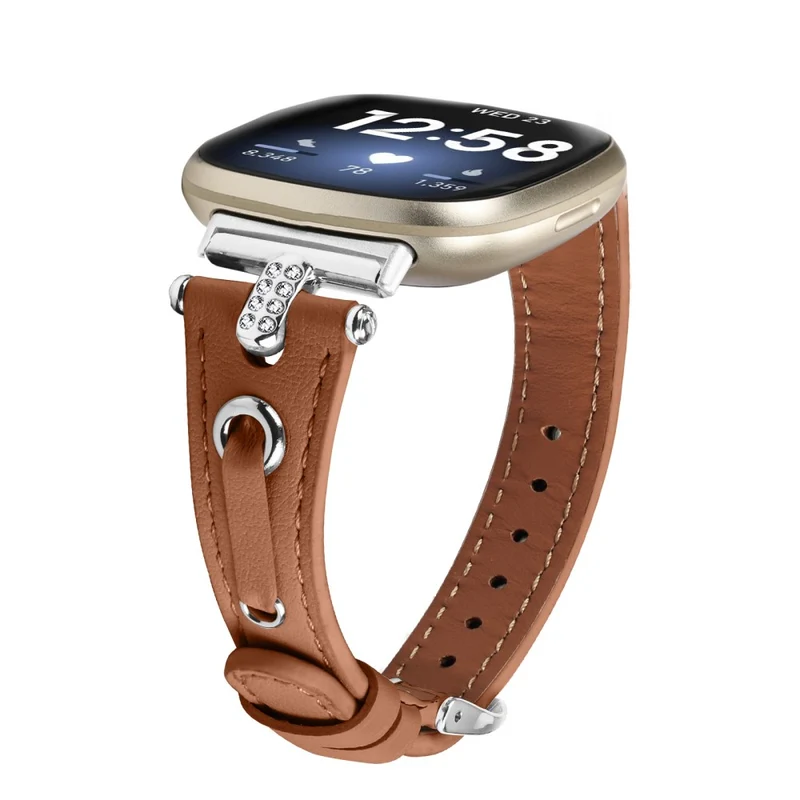Fitbit Versa 4 / Sense 2 Genuine Cow Leather Strap Rhinestone Watch Wrist Band