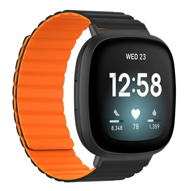 Fitbit Versa 3 / 4 / Fitbit Sense / Sense 2 Flexible Watch Band Magnetic Strap Replacement - Black+Orange