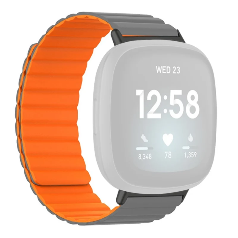 Fitbit Versa 3 / 4 / Fitbit Sense / Sense 2 Flexible Watch Band Magnetic Strap Replacement - Black+Orange