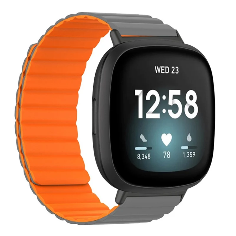 Fitbit Versa 3 / 4 / Fitbit Sense / Sense 2 Flexible Watch Band Magnetic Strap Replacement - Black+Orange