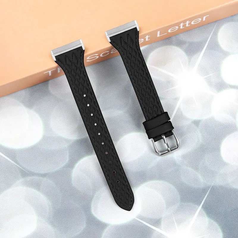 Fitbit Versa 3 / Sense Top-layer Cow Leather Rhombus Design Watch Strap
