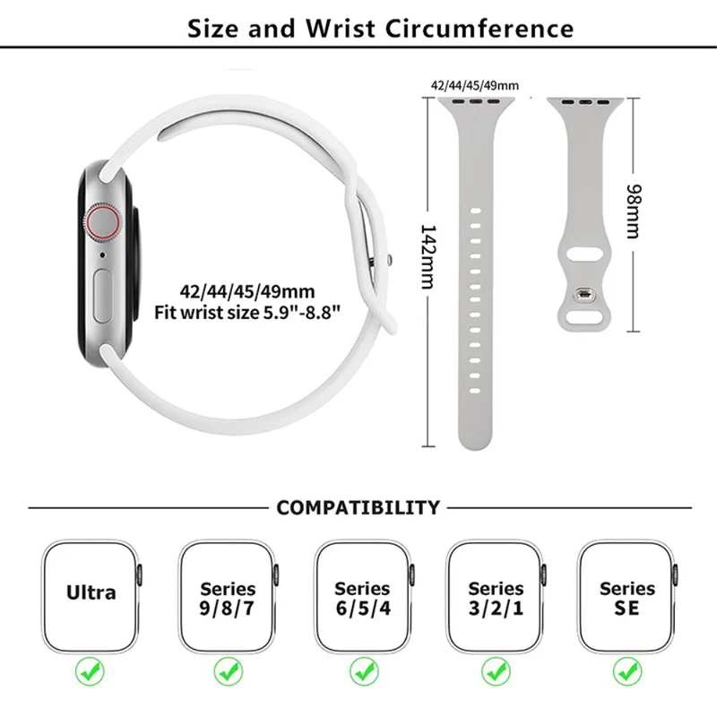 KALEBOL Apple Watch 49mm / 45mm / 44mm / 42mm Slim Silicone Band, Size: L - Starlight
