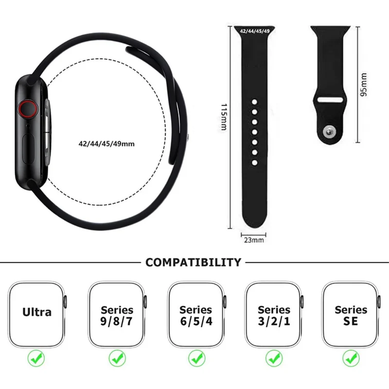 KALEBOL Apple Watch 49mm / 45mm / 44mm / 42mm Silicone Watch Straps, Size: S / M - Light Grey