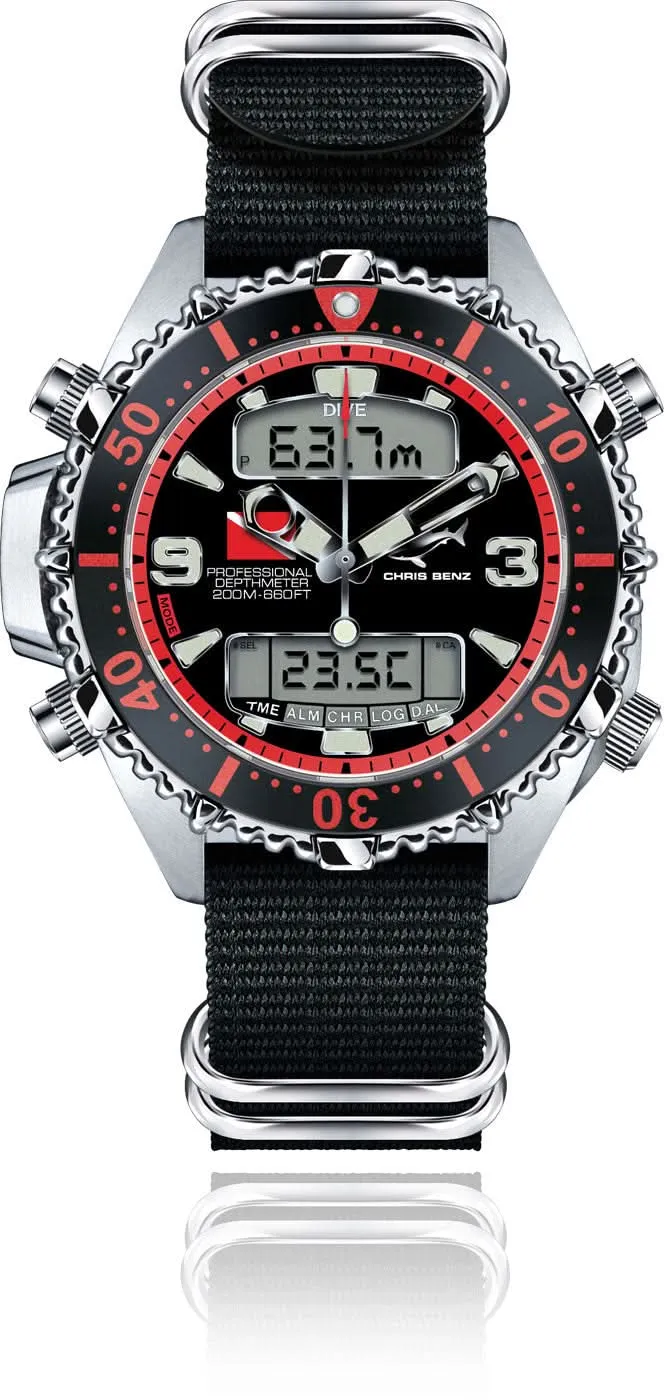 Chris Benz Depthmeter Digital CB-D200X-R-NBS Uhr • 200m Wasserdicht • Digitaler Tiefenmesser