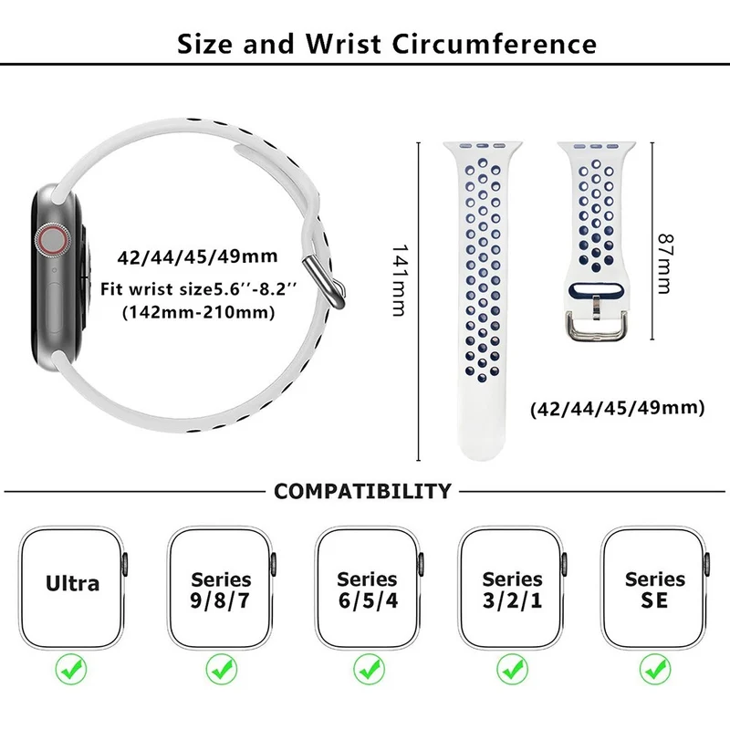 KALEBOL Apple Watch Series 49mm - 45mm - 44mm - 42mm Universal Silicone Watch Band - White+Black