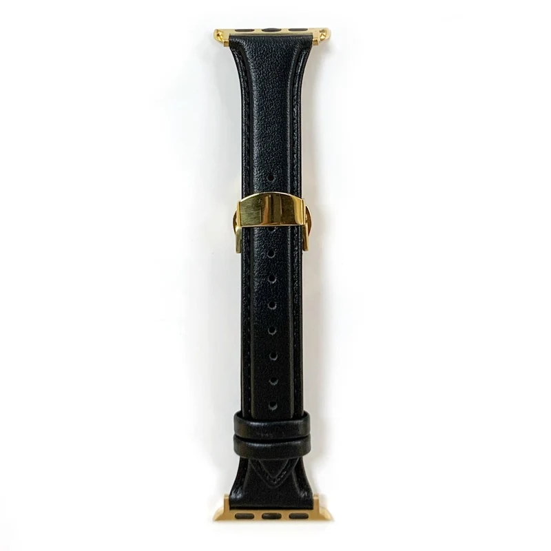 Apple Watch Series 49mm / 45mm / 44mm/ 42mm Cow Leather Watchband Replacement Strap - Black / Gold