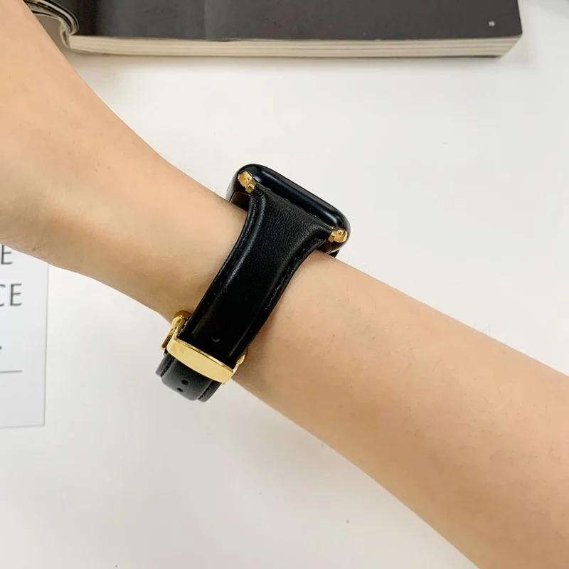 Apple Watch Series 49mm / 45mm / 44mm/ 42mm Cow Leather Watchband Replacement Strap - Black / Gold