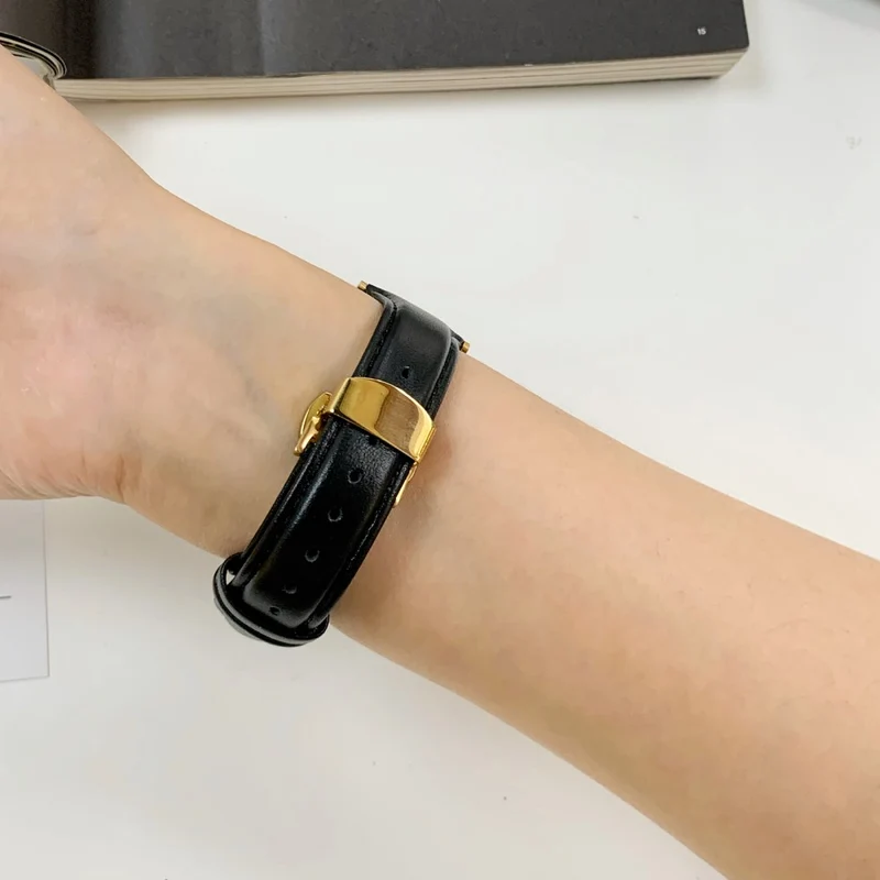 Apple Watch Series 49mm / 45mm / 44mm/ 42mm Cow Leather Watchband Replacement Strap - Black / Gold