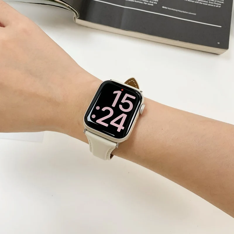 Apple Watch Series 49mm / 45mm / 44mm/ 42mm Cow Leather Watchband Replacement Strap - Black / Gold