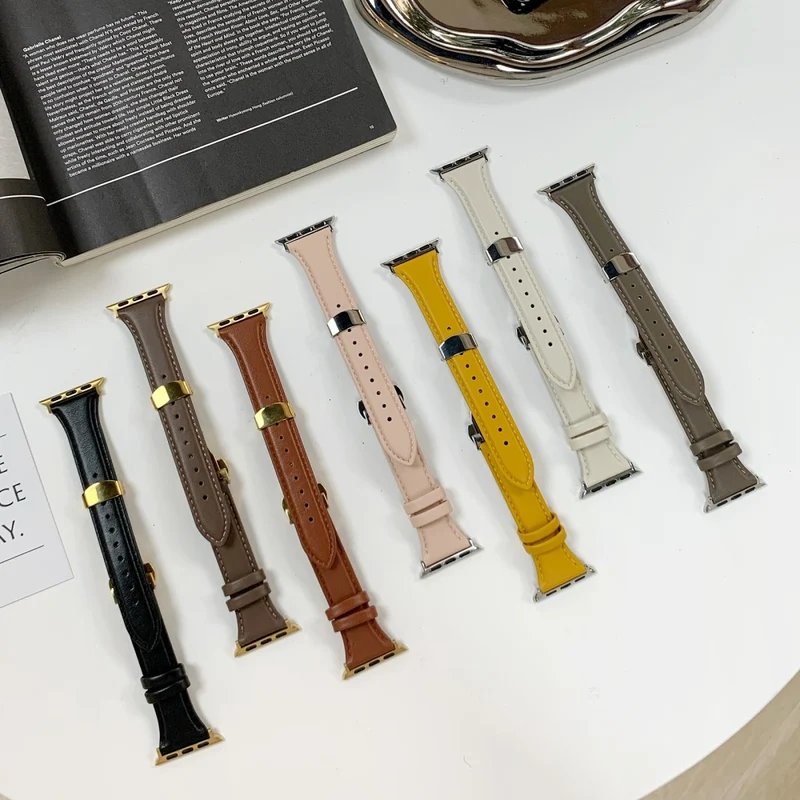 Apple Watch Series 49mm / 45mm / 44mm/ 42mm Cow Leather Watchband Replacement Strap - Black / Gold