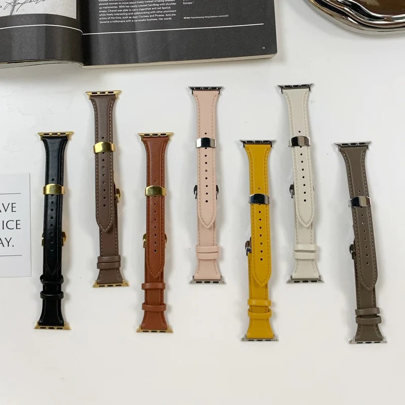 Apple Watch Series 49mm / 45mm / 44mm/ 42mm Cow Leather Watchband Replacement Strap - Black / Gold