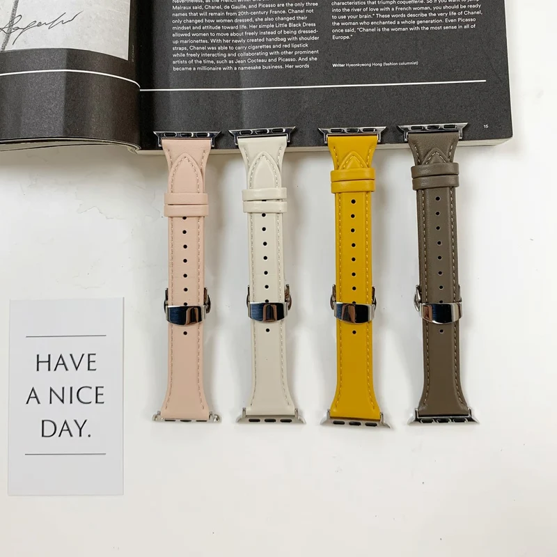 Apple Watch Series 49mm / 45mm / 44mm/ 42mm Cow Leather Watchband Replacement Strap - Black / Gold