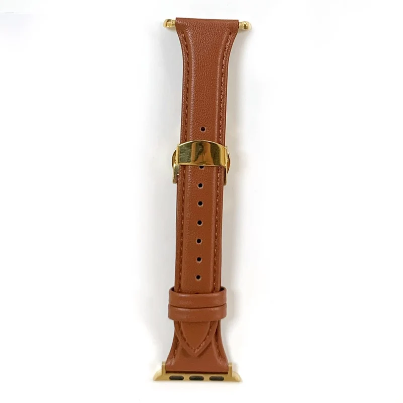 Apple Watch Series 49mm / 45mm / 44mm/ 42mm Cow Leather Watchband Replacement Strap - Black / Gold