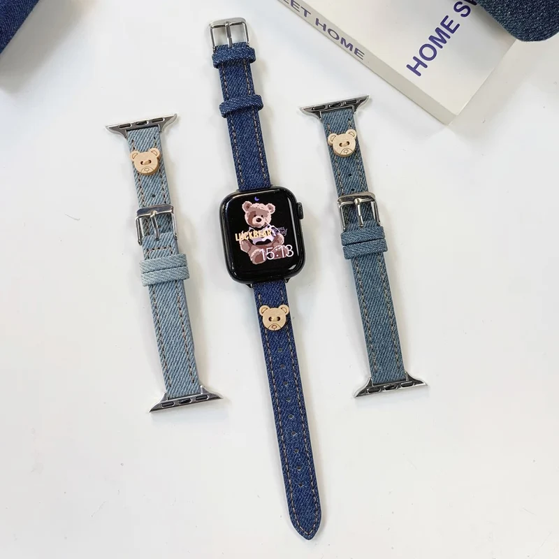 Apple Watch 49mm / 45mm / 44mm / 42mm Bear Decor Denim Wristband - Baby Blue