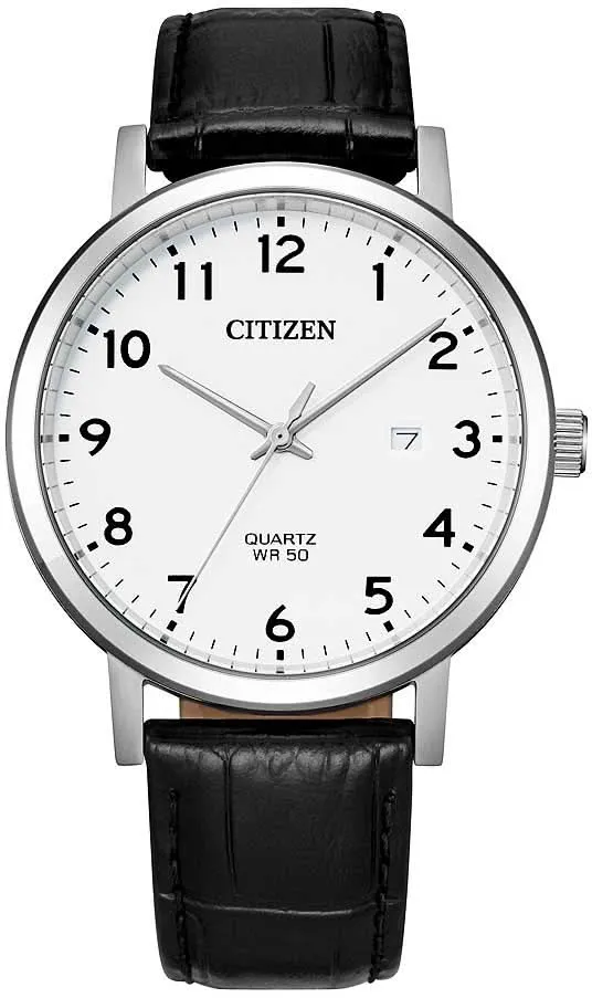 Citizen BI5070-06A Herrenuhr • Weißes Zifferblatt mit Datum • Schwarzes Echtlederarmband