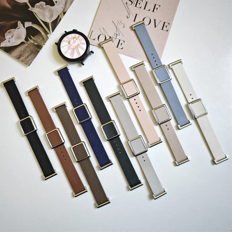 18mm Universal Smart Watch Band Leather Strap Replacement with Square Buckle - Light Pink