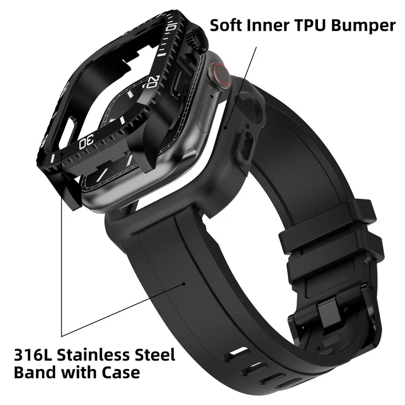 Apple Watch Series 49mm - 45mm - 44mm - 42mm Universal Scratch Resistant Replacement Strap with Stainless Steel Watch Case