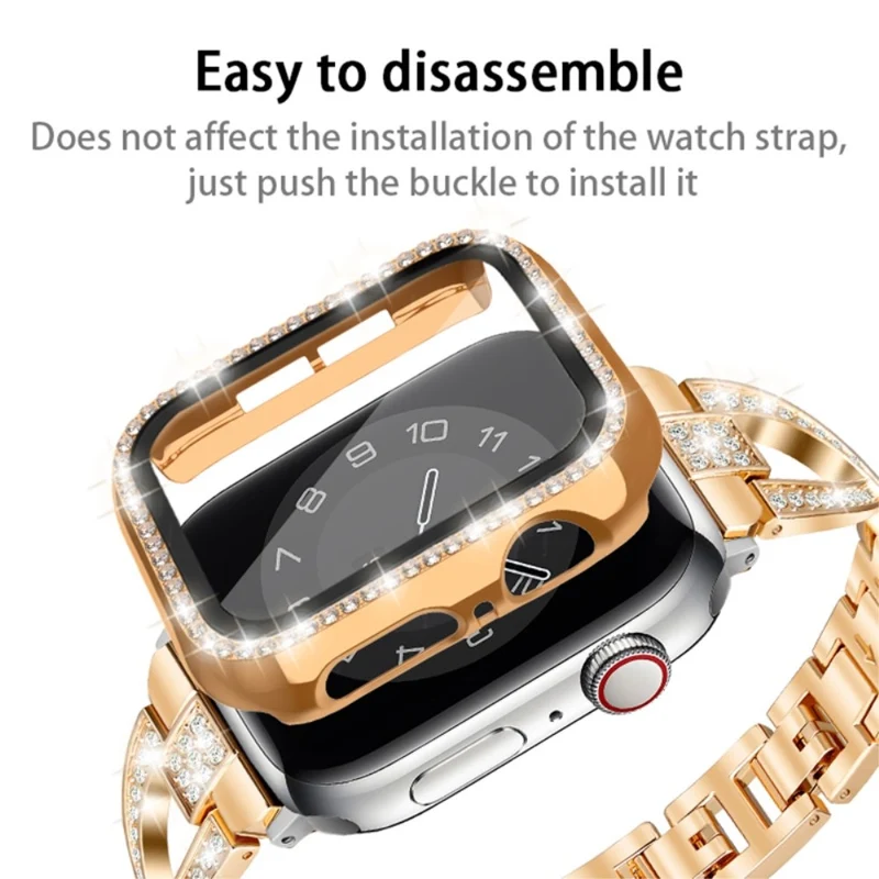 Apple Watch Series 9 / 8 / 7 45mm Watch Case Rhinestone Impact-Resistant Cover with Tempered Glass Screen Film - Rose Gold