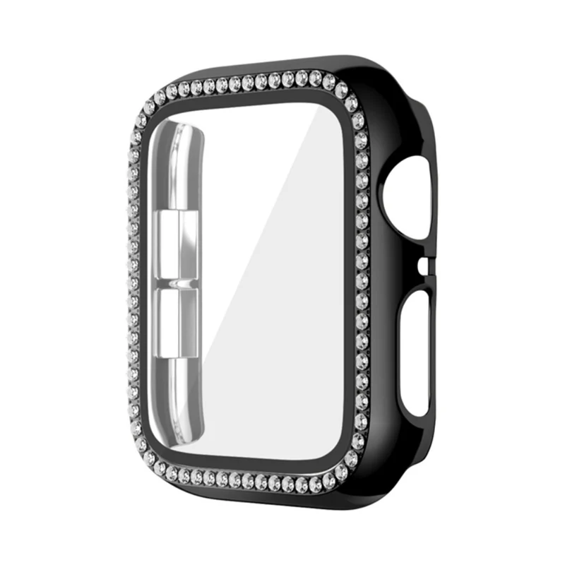 Apple Watch Series 9 / 8 / 7 45mm Watch Case Rhinestone Impact-Resistant Cover with Tempered Glass Screen Film - Rose Gold