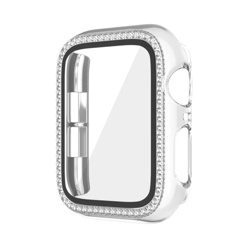 Apple Watch Series 9 / 8 / 7 45mm Watch Case Rhinestone Impact-Resistant Cover with Tempered Glass Screen Film - Rose Gold
