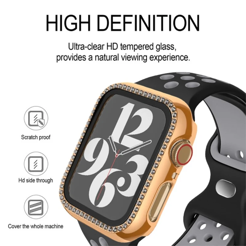 Apple Watch Series 9 / 8 / 7 45mm Watch Case Rhinestone Impact-Resistant Cover with Tempered Glass Screen Film - Rose Gold
