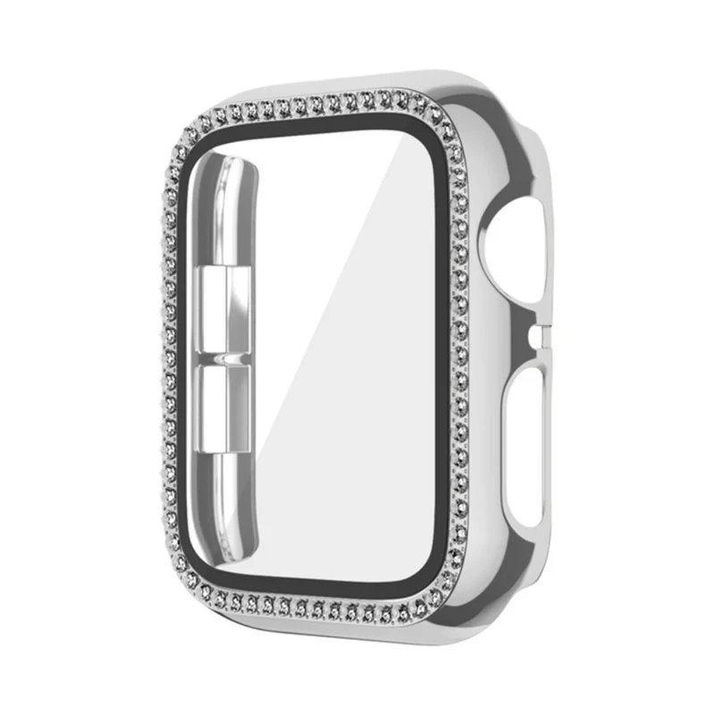 Apple Watch Series 9 / 8 / 7 45mm Watch Case Rhinestone Impact-Resistant Cover with Tempered Glass Screen Film - Rose Gold
