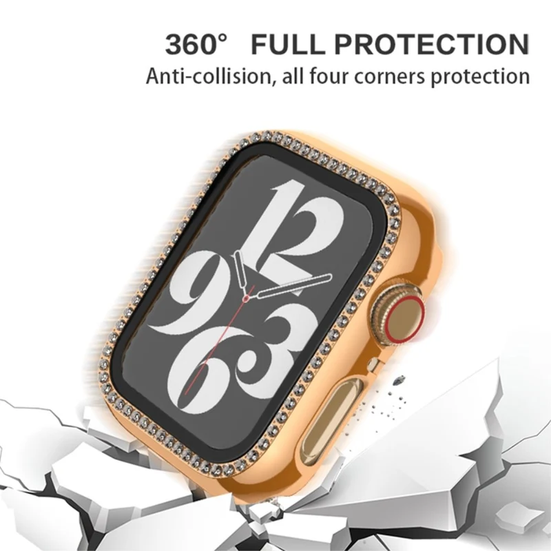 Apple Watch Series 9 / 8 / 7 45mm Watch Case Rhinestone Impact-Resistant Cover with Tempered Glass Screen Film - Rose Gold