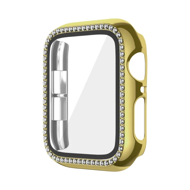 Apple Watch Series 9 / 8 / 7 45mm Watch Case Rhinestone Impact-Resistant Cover with Tempered Glass Screen Film - Rose Gold