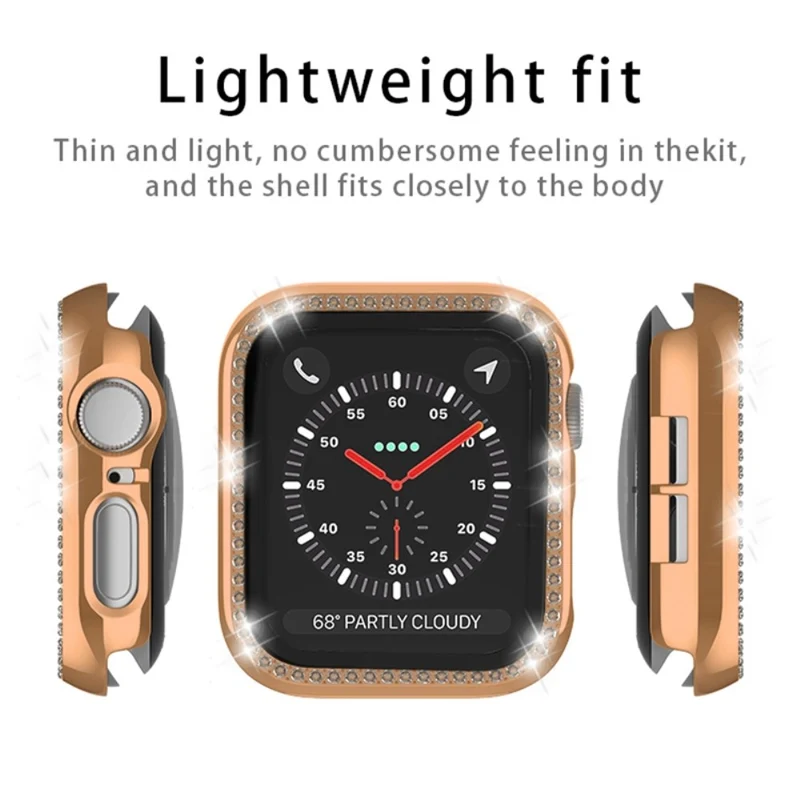 Apple Watch Series 9 / 8 / 7 45mm Watch Case Rhinestone Impact-Resistant Cover with Tempered Glass Screen Film - Rose Gold
