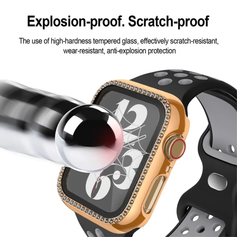 Apple Watch Series 9 / 8 / 7 45mm Watch Case Rhinestone Impact-Resistant Cover with Tempered Glass Screen Film - Rose Gold