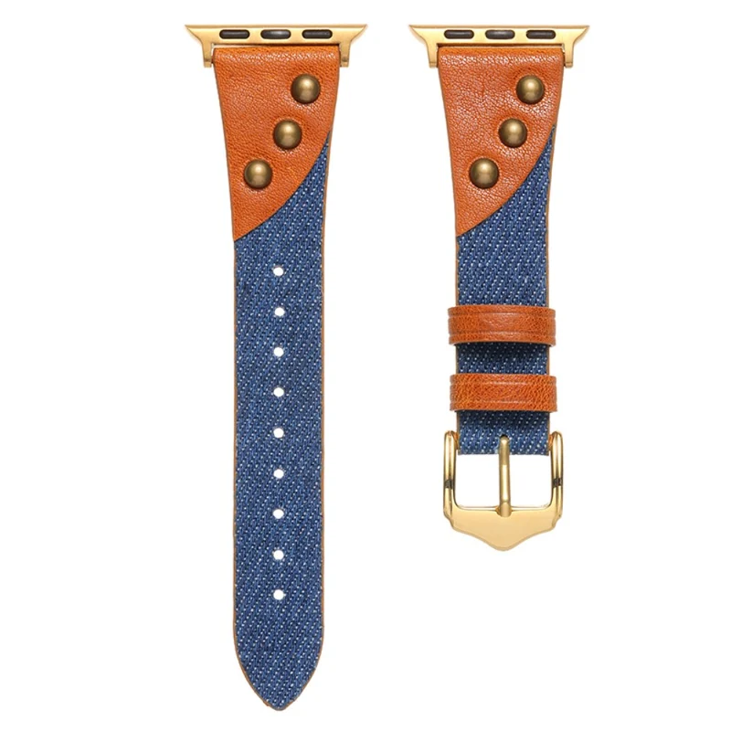 Apple Watch Series 41mm / 40mm / 38mm Denim and Vegan Leather Wrist Strap - Dark Blue+Brown