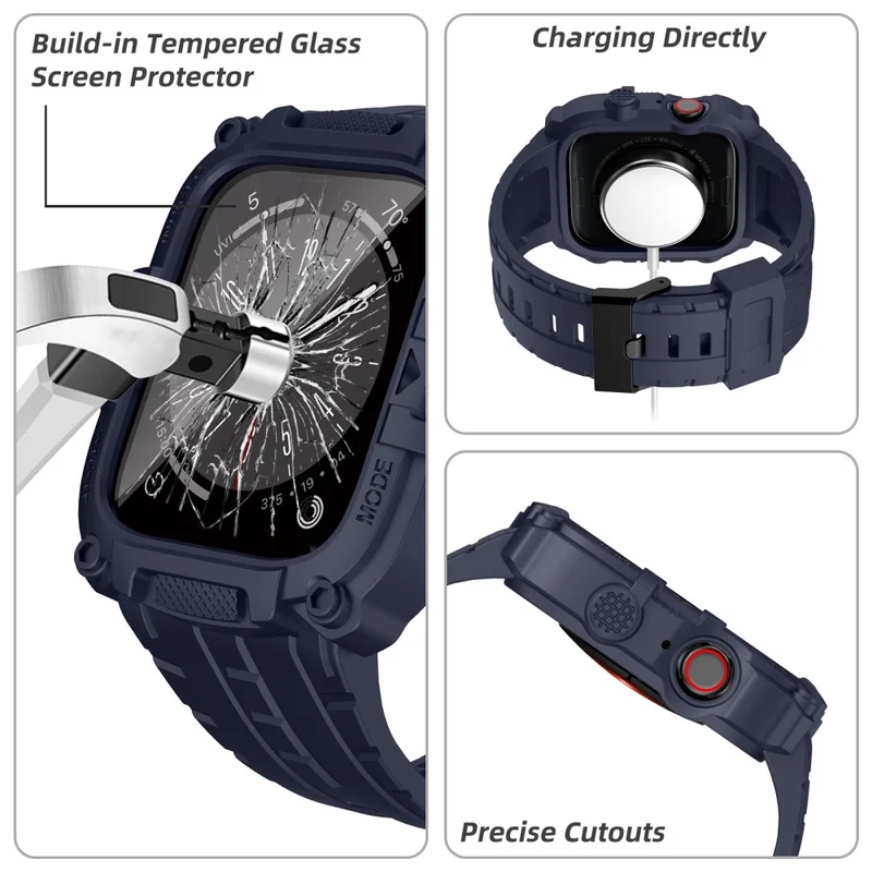 Apple Watch Series 49mm - 45mm - 44mm - 42mm Universal Scratch Resistant Watch Band with Case Built-in Tempered Glass Screen Protector