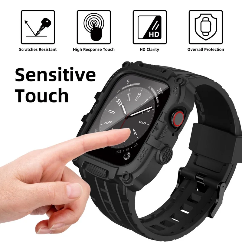 Apple Watch Series 49mm - 45mm - 44mm - 42mm Universal Scratch Resistant Watch Band with Case Built-in Tempered Glass Screen Protector