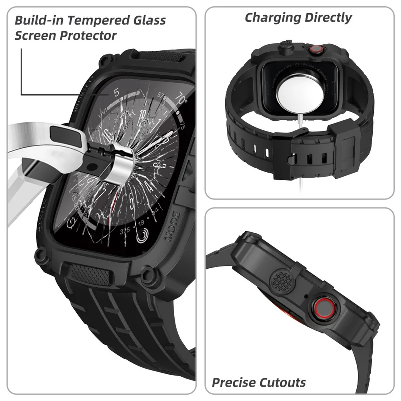 Apple Watch Series 49mm - 45mm - 44mm - 42mm Universal Scratch Resistant Watch Band with Case Built-in Tempered Glass Screen Protector