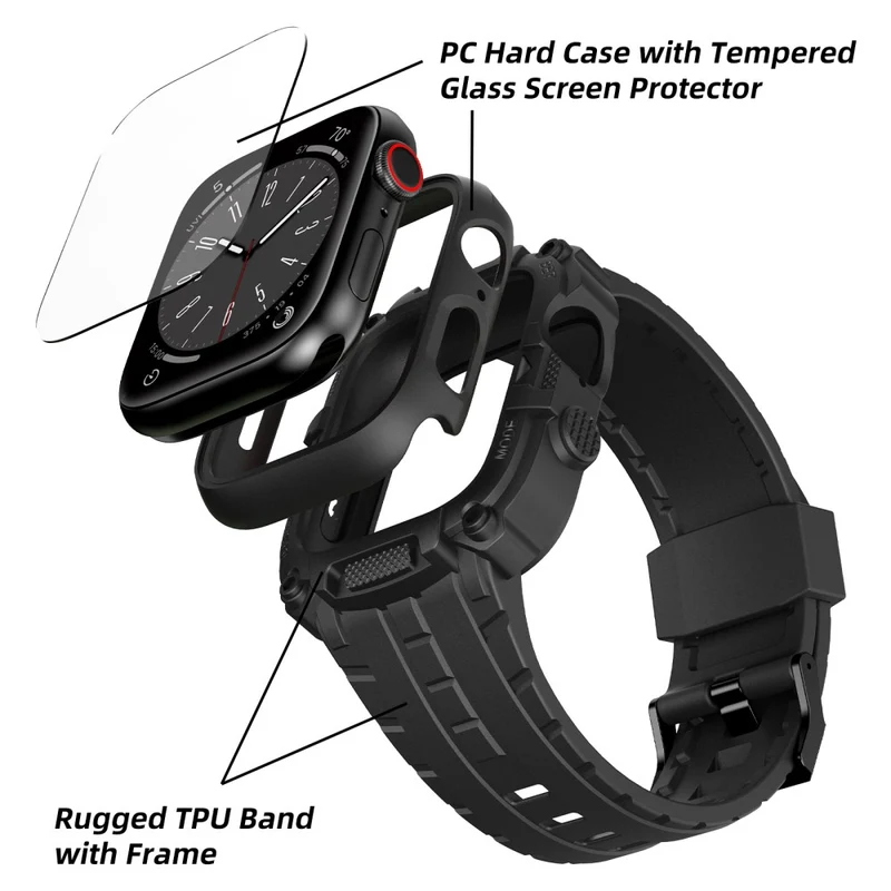 Apple Watch Series 49mm - 45mm - 44mm - 42mm Universal Scratch Resistant Watch Band with Case Built-in Tempered Glass Screen Protector